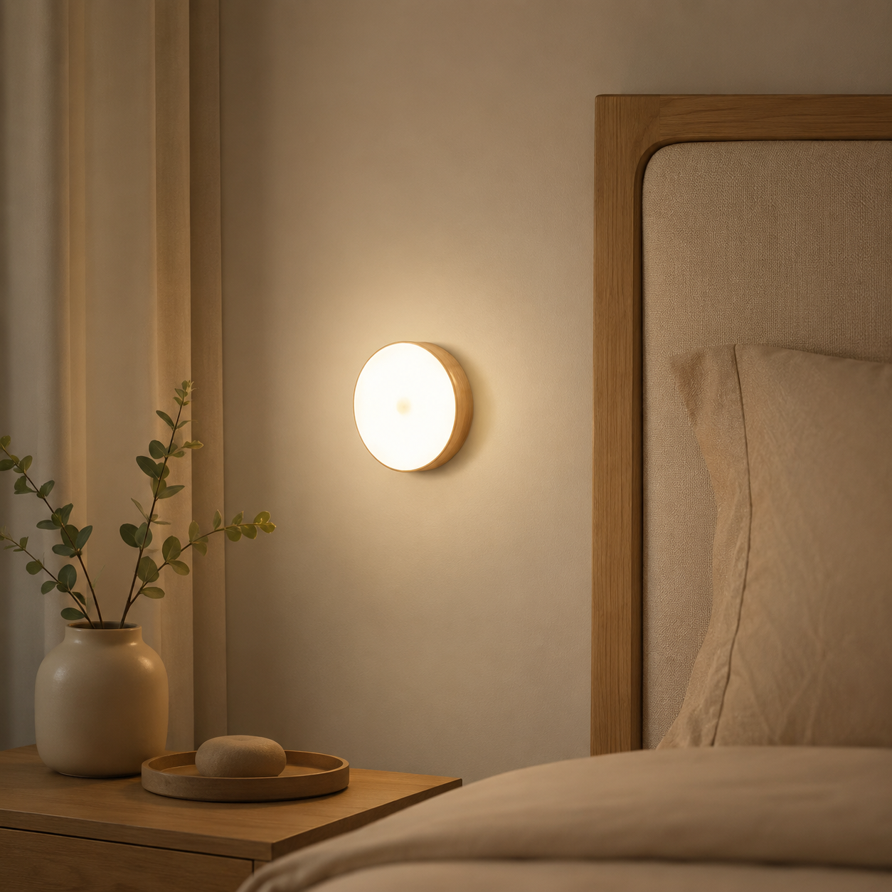 Smart motion night light glowing on bedroom wall