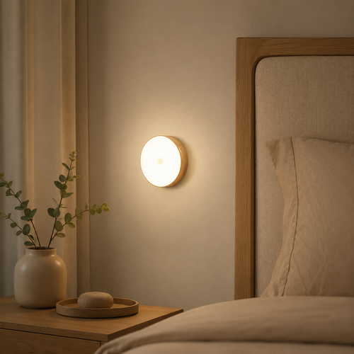 Smart motion night light glowing on bedroom wall