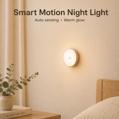 Smart motion night light glowing on bedroom wall