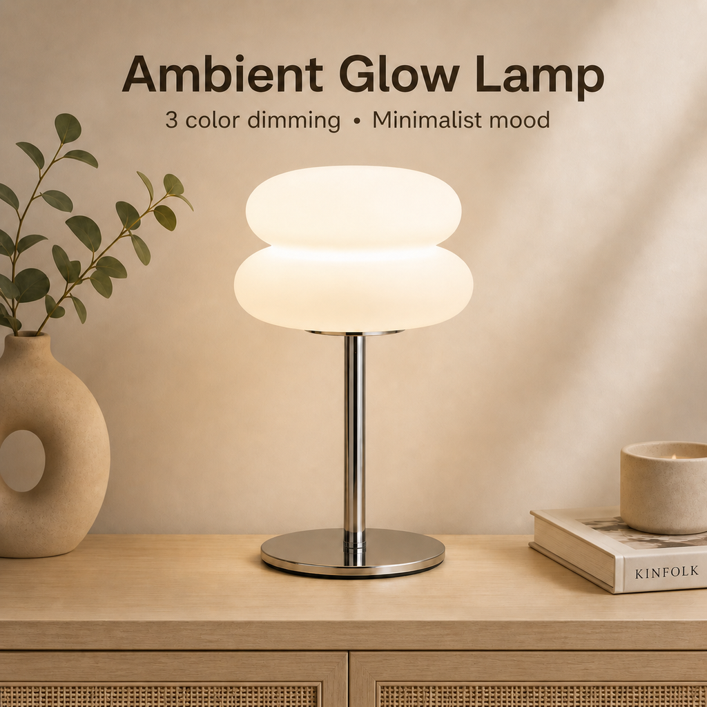 Ambient Glow Lamp on beige bedside table with warm lighting
