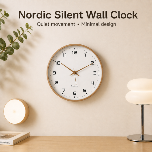 Nordic silent wall clock on beige wall