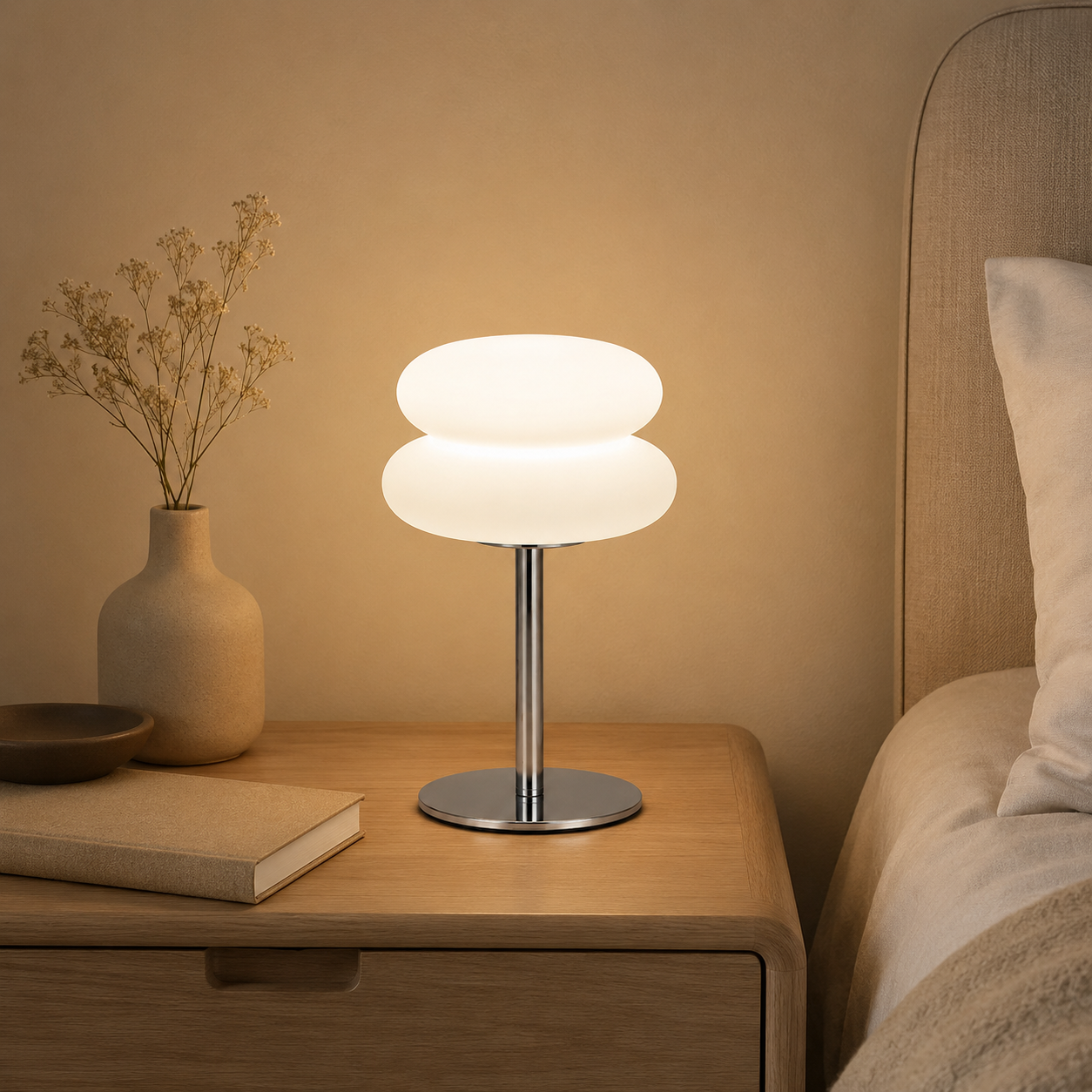Minimalist warm bedside lamp for calm bedroom decor