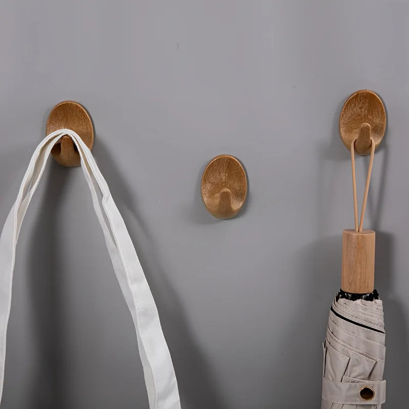 3/6pcs Wooden Self-Adhesive Wall Hooks - No Drill Duty Sticky Hooks, for Kitchen, Bathroom, Living Room, Bedroom, Simple Hook