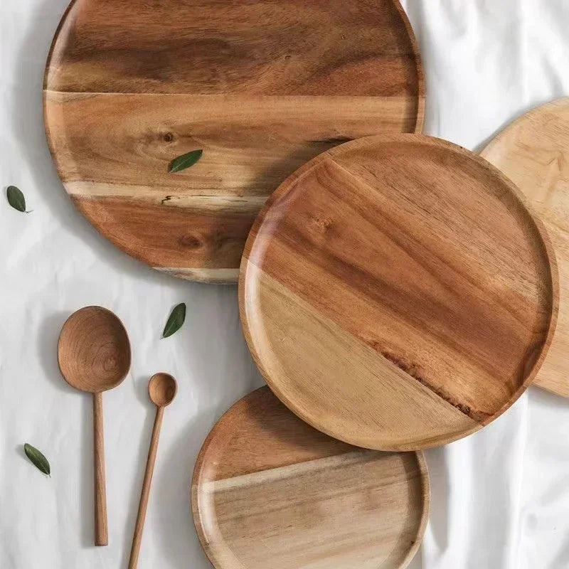Round Wooden Serving Tray — Natural Wood Decorative Platter