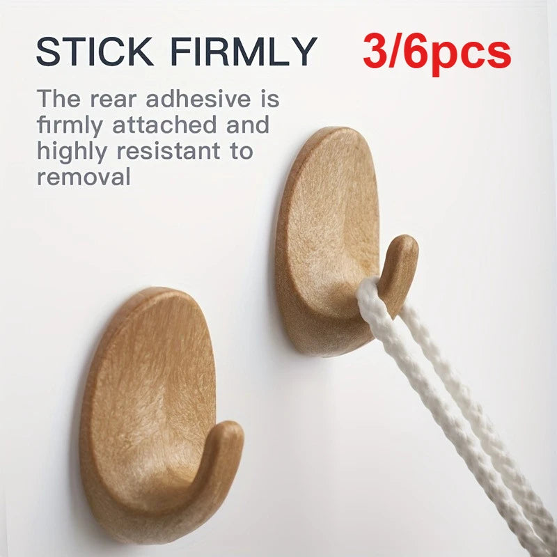 3/6pcs Wooden Self-Adhesive Wall Hooks - No Drill Duty Sticky Hooks, for Kitchen, Bathroom, Living Room, Bedroom, Simple Hook
